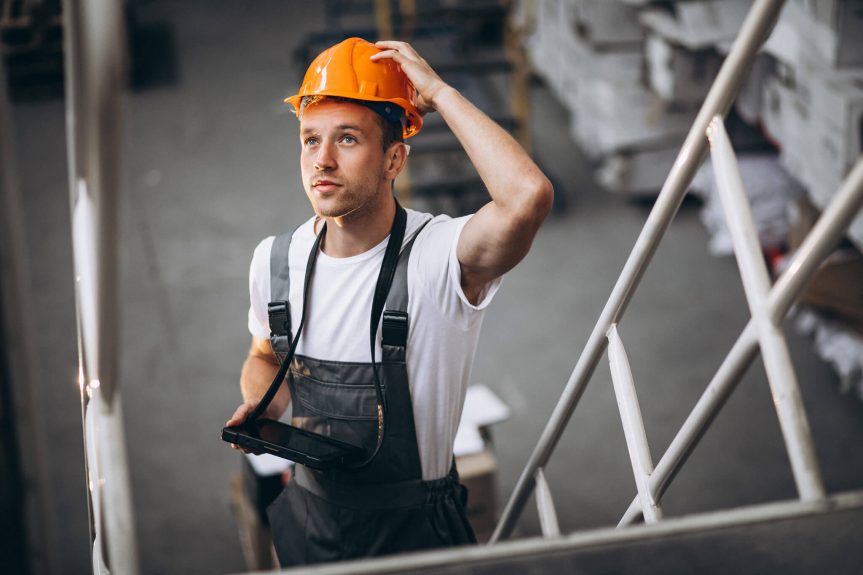 A man in an orange hard hat and black apron.