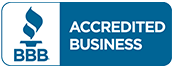 A blue and white logo for accredited business.