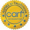 A yellow seal that says carf accredited