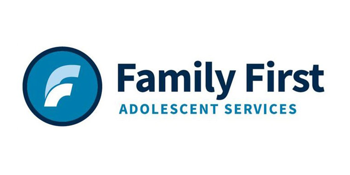 A blue and white logo of family first adolescent services.