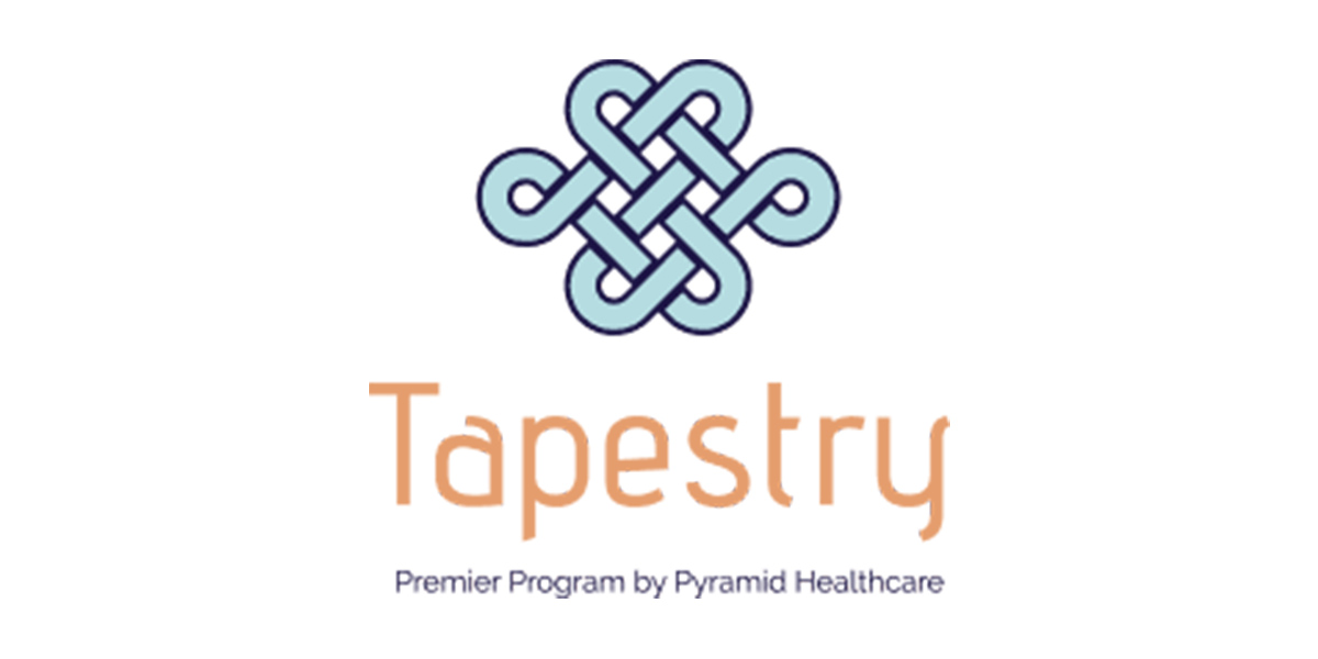 A blue and orange logo for tapestry.